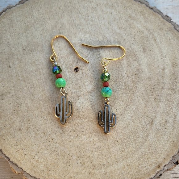 Cactus Handmade Gold Plated Dangle Earrings with‎ Beads Fashion Jewelry - Picture 1 of 6